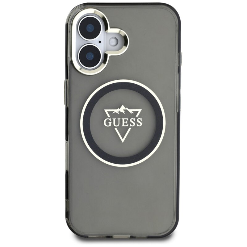Husa iPhone 16 originala Guess IML Metal Mountain Logo MagSafe, negru, GUHMP16SHFGTMSLSK