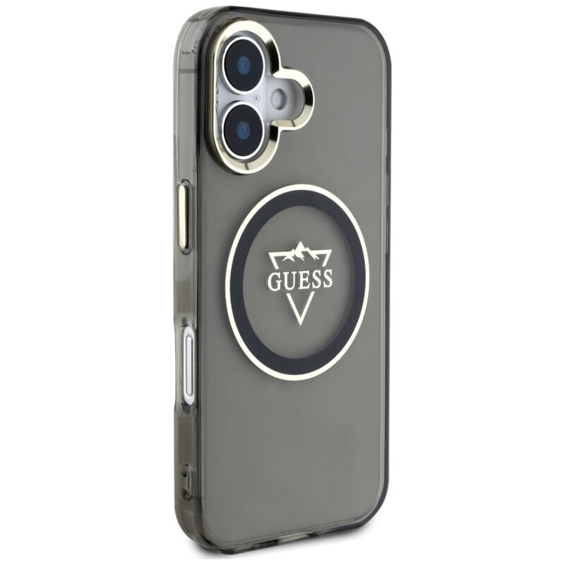 Husa iPhone 16 originala Guess IML Metal Mountain Logo MagSafe, negru, GUHMP16SHFGTMSLSK