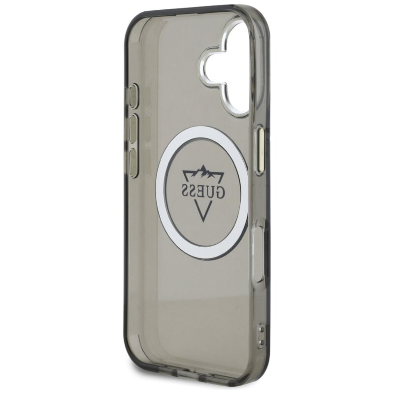 Husa iPhone 16 originala Guess IML Metal Mountain Logo MagSafe, negru, GUHMP16SHFGTMSLSK