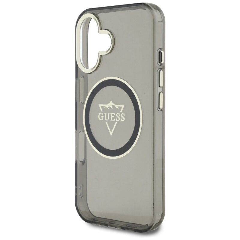 Husa iPhone 16 originala Guess IML Metal Mountain Logo MagSafe, negru, GUHMP16SHFGTMSLSK