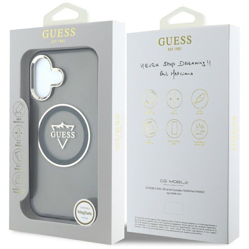 Husa iPhone 16 originala Guess IML Metal Mountain Logo MagSafe, negru, GUHMP16SHFGTMSLSK