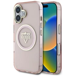 Husa iPhone 16 originala Guess IML Metal Mountain Logo MagSafe, roz, GUHMP16SHFGTMSLSP