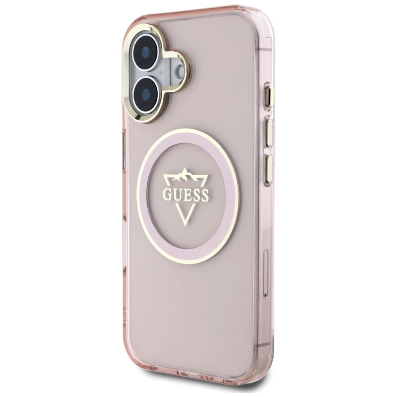 Husa iPhone 16 originala Guess IML Metal Mountain Logo MagSafe, roz, GUHMP16SHFGTMSLSP