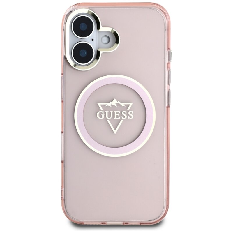 Husa iPhone 16 originala Guess IML Metal Mountain Logo MagSafe, roz, GUHMP16SHFGTMSLSP