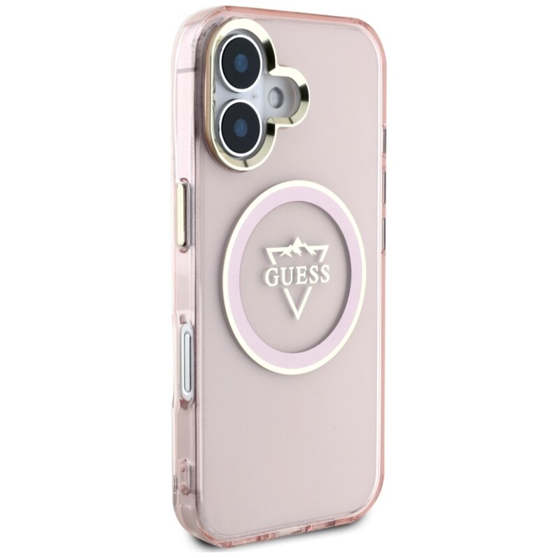 Husa iPhone 16 originala Guess IML Metal Mountain Logo MagSafe, roz, GUHMP16SHFGTMSLSP