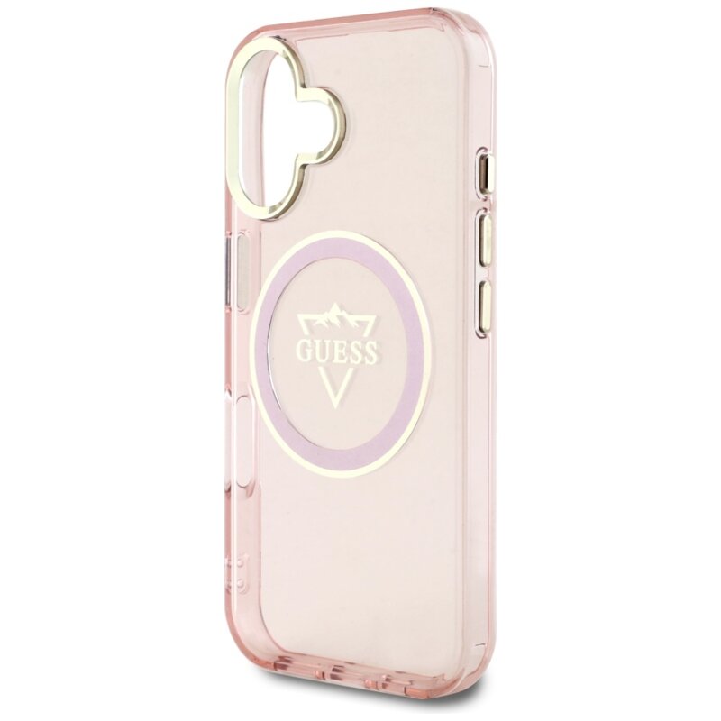 Husa iPhone 16 originala Guess IML Metal Mountain Logo MagSafe, roz, GUHMP16SHFGTMSLSP
