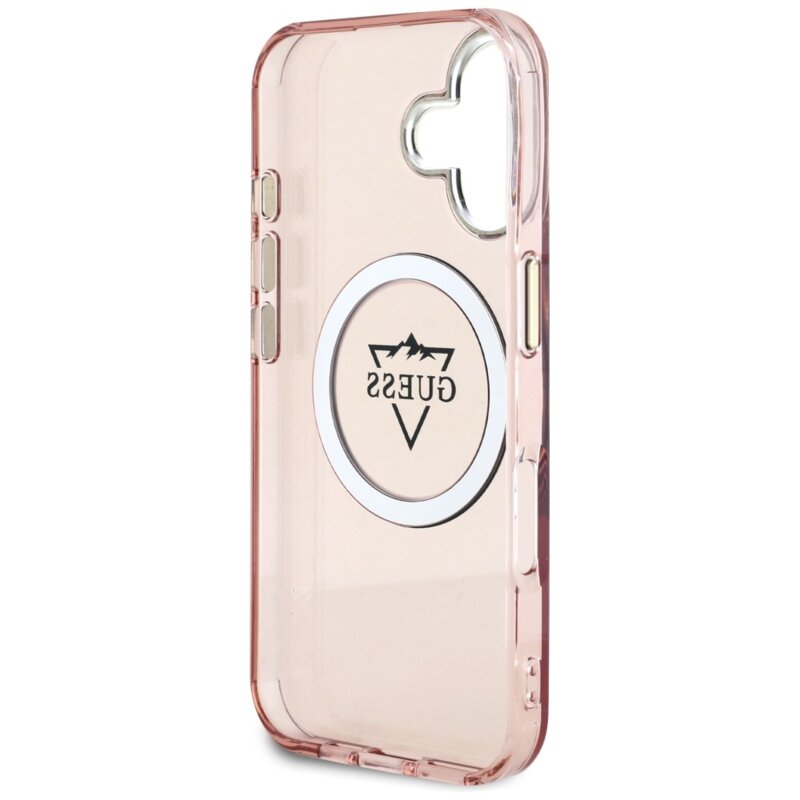 Husa iPhone 16 originala Guess IML Metal Mountain Logo MagSafe, roz, GUHMP16SHFGTMSLSP