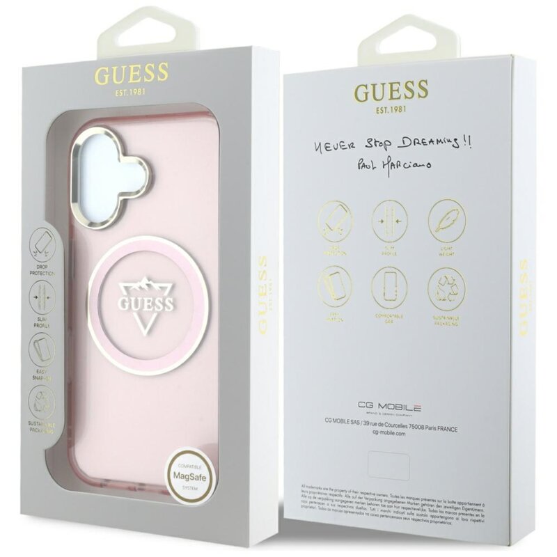 Husa iPhone 16 originala Guess IML Metal Mountain Logo MagSafe, roz, GUHMP16SHFGTMSLSP