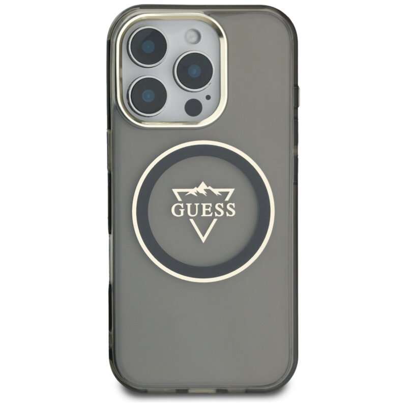 Husa iPhone 16 Pro originala Guess IML Metal Mountain Logo MagSafe, negru, GUHMP16LHFGTMSLSK