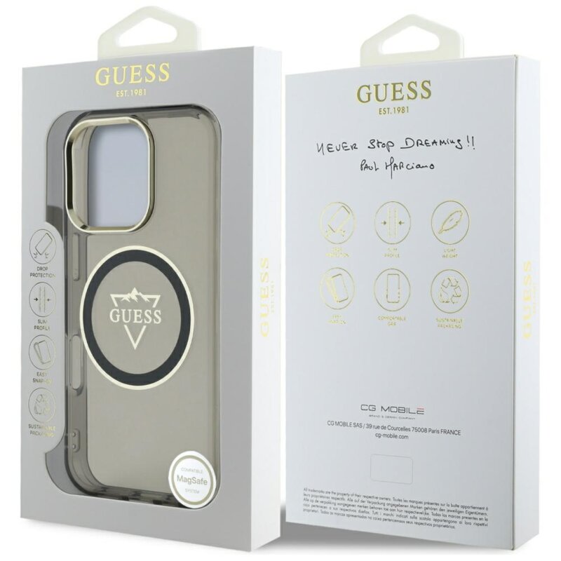 Husa iPhone 16 Pro originala Guess IML Metal Mountain Logo MagSafe, negru, GUHMP16LHFGTMSLSK