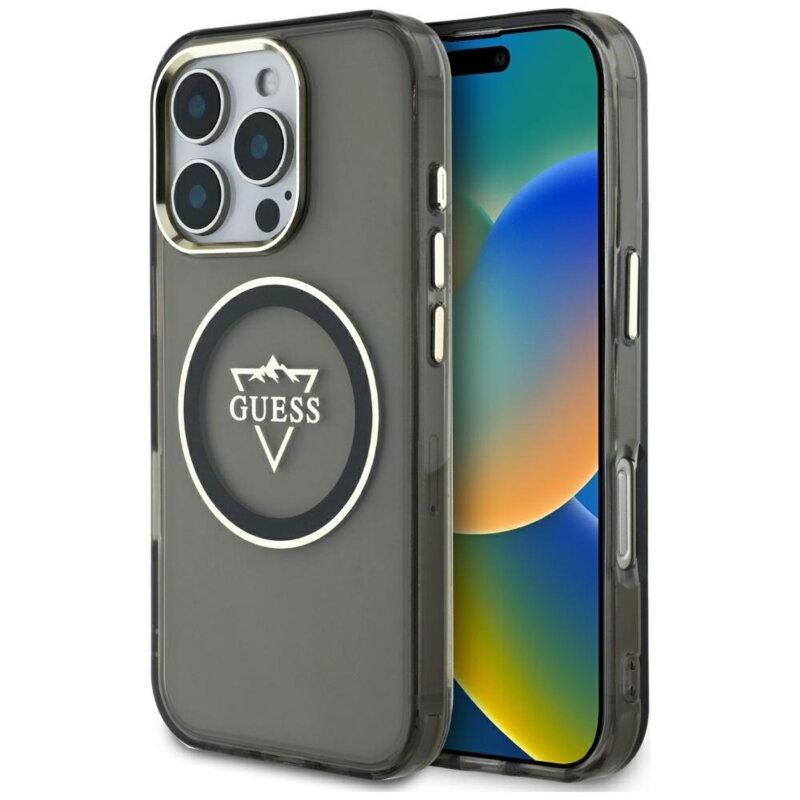 Husa iPhone 16 Pro Max originala Guess IML Metal Mountain Logo MagSafe, negru, GUHMP16XHFGTMSLSK