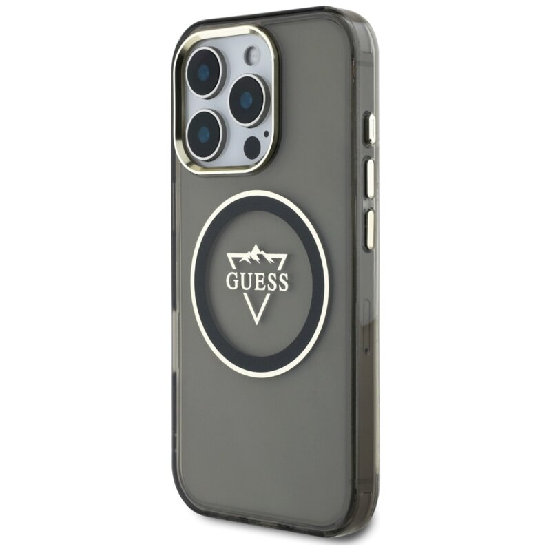 Husa iPhone 16 Pro Max originala Guess IML Metal Mountain Logo MagSafe, negru, GUHMP16XHFGTMSLSK
