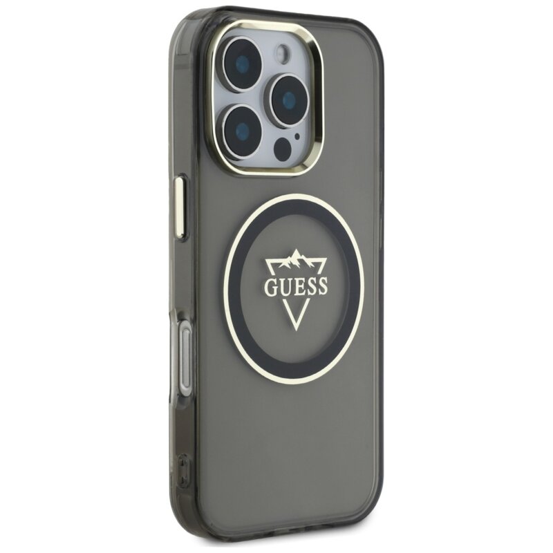 Husa iPhone 16 Pro Max originala Guess IML Metal Mountain Logo MagSafe, negru, GUHMP16XHFGTMSLSK