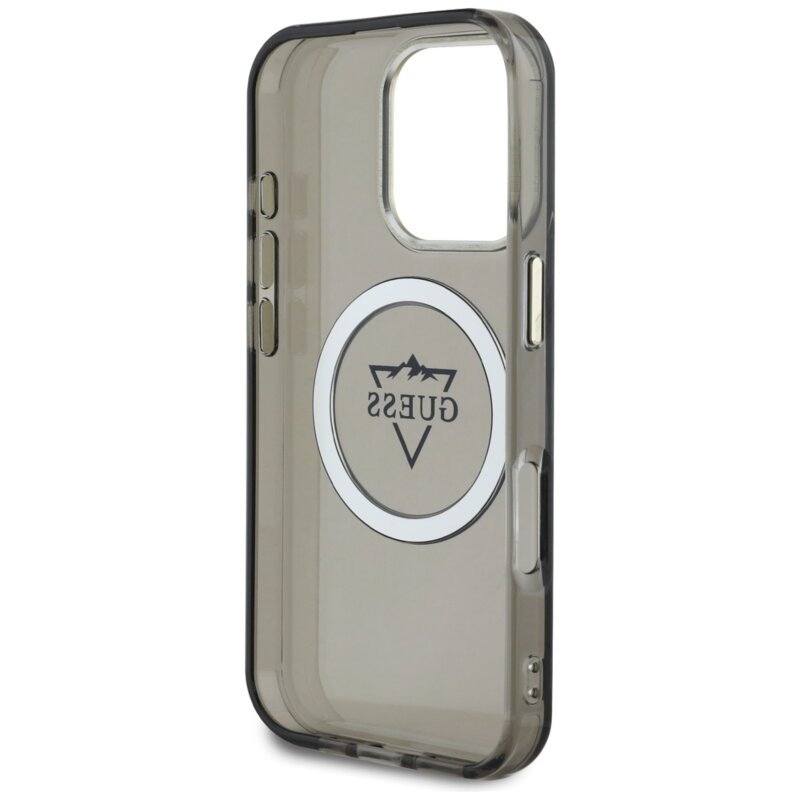 Husa iPhone 16 Pro Max originala Guess IML Metal Mountain Logo MagSafe, negru, GUHMP16XHFGTMSLSK