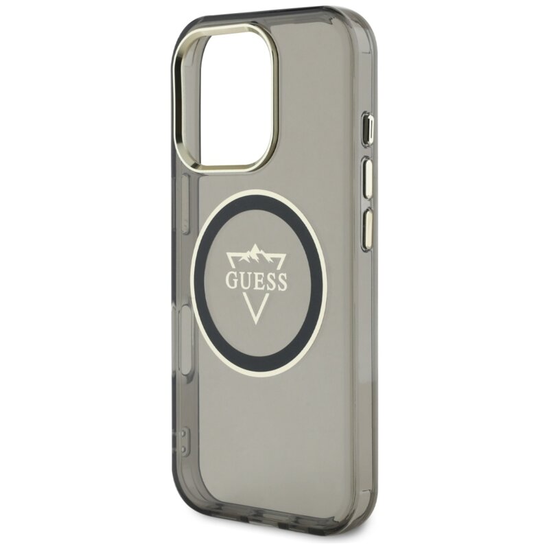 Husa iPhone 16 Pro Max originala Guess IML Metal Mountain Logo MagSafe, negru, GUHMP16XHFGTMSLSK