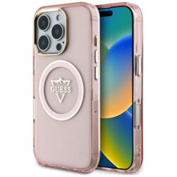 Husa iPhone 16 Pro Max originala Guess IML Metal Mountain Logo MagSafe, roz, GUHMP16XHFGTMSLSP