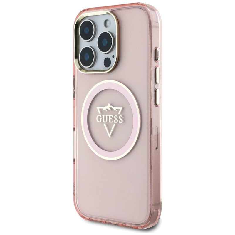 Husa iPhone 16 Pro Max originala Guess IML Metal Mountain Logo MagSafe, roz, GUHMP16XHFGTMSLSP