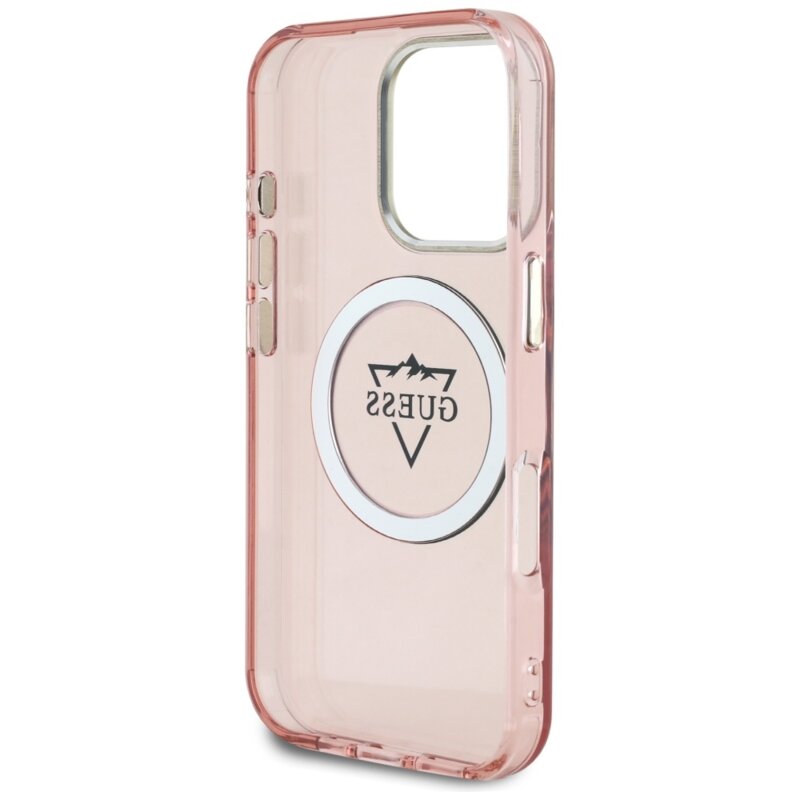 Husa iPhone 16 Pro Max originala Guess IML Metal Mountain Logo MagSafe, roz, GUHMP16XHFGTMSLSP