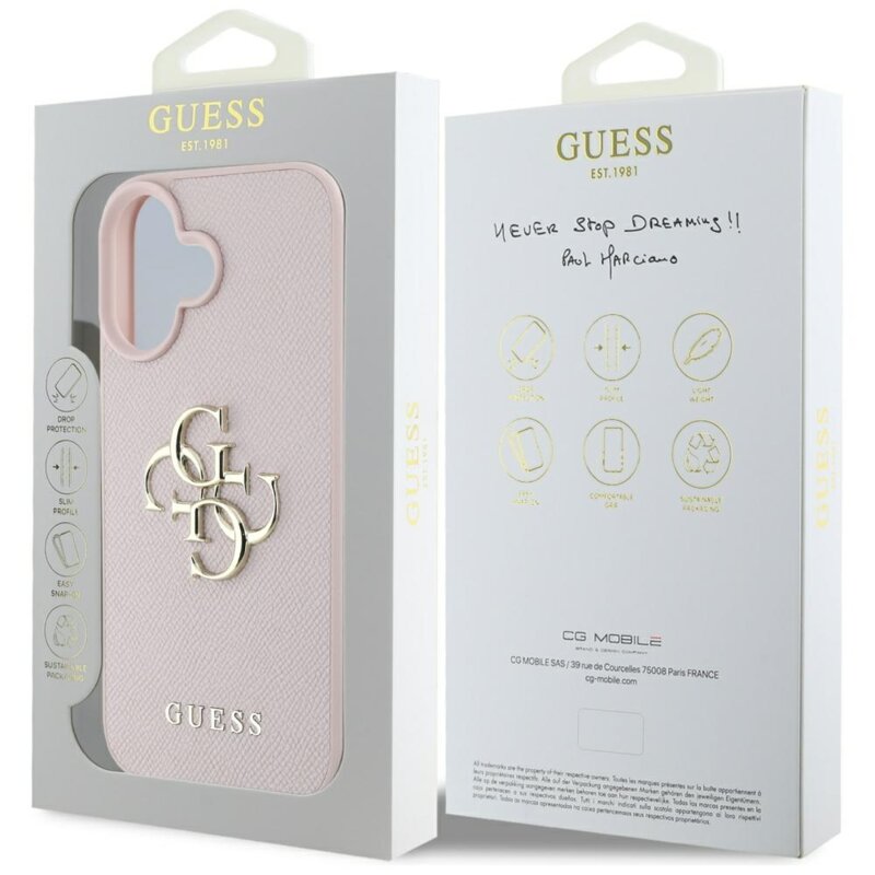 Husa originala Guess iPhone 16 Hardcase Grained Big 4G Logo Small Classic Logo, roz, GUHCP16SPGT4MBP