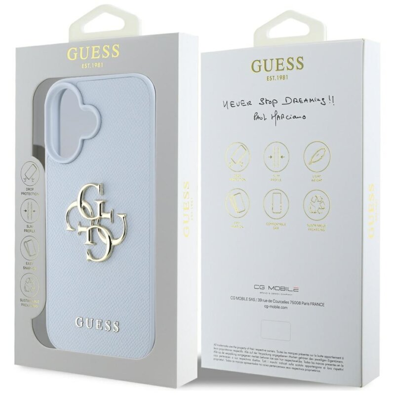 Husa originala Guess iPhone 16 Hardcase Grained Big 4G Logo Small Classic Logo, albastru, GUHCP16SPGT4MBB