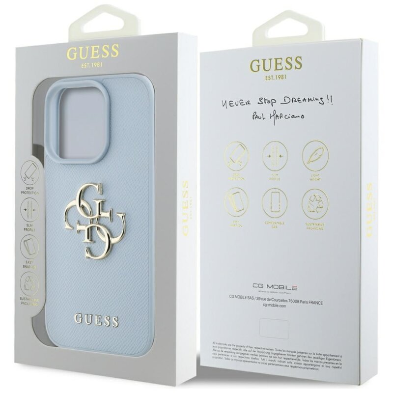 Husa originala Guess iPhone 16 Pro Max Hardcase Grained Big 4G Logo Small Classic Logo, albastru, GUHCP16XPGT4MBB