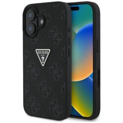 Husa iPhone 16 Guess Leather Hot Stamp 4G Pattern Triangle Metal Logo, negru, GUHCP16SPGP4STRK