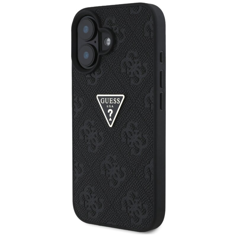 Husa iPhone 16 Guess Leather Hot Stamp 4G Pattern Triangle Metal Logo, negru, GUHCP16SPGP4STRK
