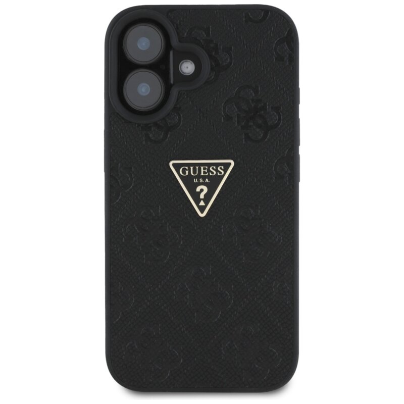 Husa iPhone 16 Guess Leather Hot Stamp 4G Pattern Triangle Metal Logo, negru, GUHCP16SPGP4STRK