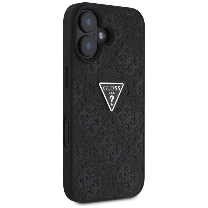 Husa iPhone 16 Guess Leather Hot Stamp 4G Pattern Triangle Metal Logo, negru, GUHCP16SPGP4STRK