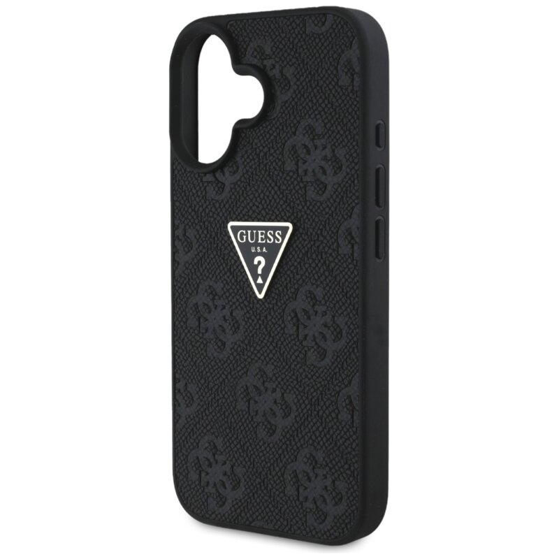 Husa iPhone 16 Guess Leather Hot Stamp 4G Pattern Triangle Metal Logo, negru, GUHCP16SPGP4STRK
