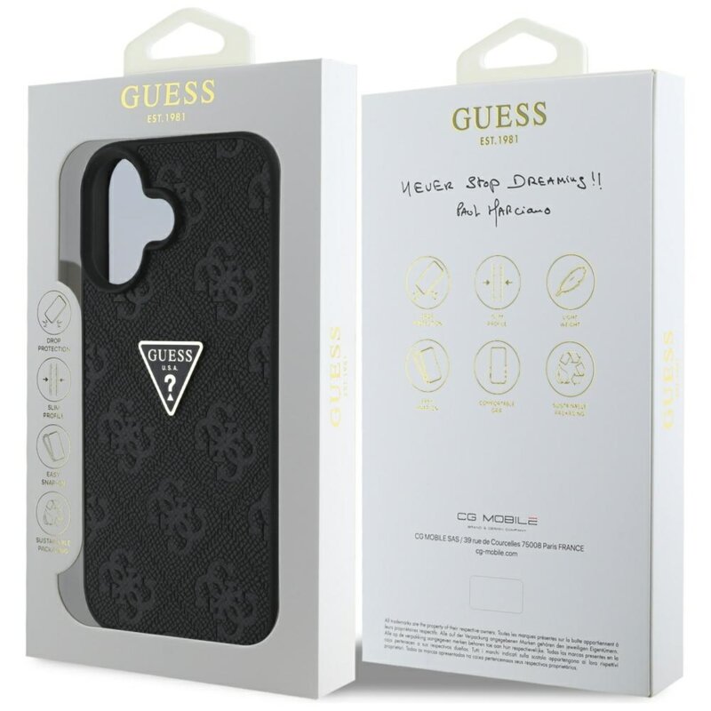 Husa iPhone 16 Guess Leather Hot Stamp 4G Pattern Triangle Metal Logo, negru, GUHCP16SPGP4STRK