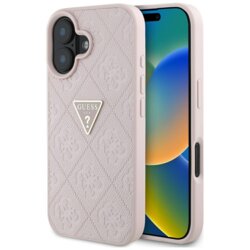Husa iPhone 16 Guess Leather Hot Stamp 4G Pattern Triangle Metal Logo, roz, GUHCP16SPGP4STRP