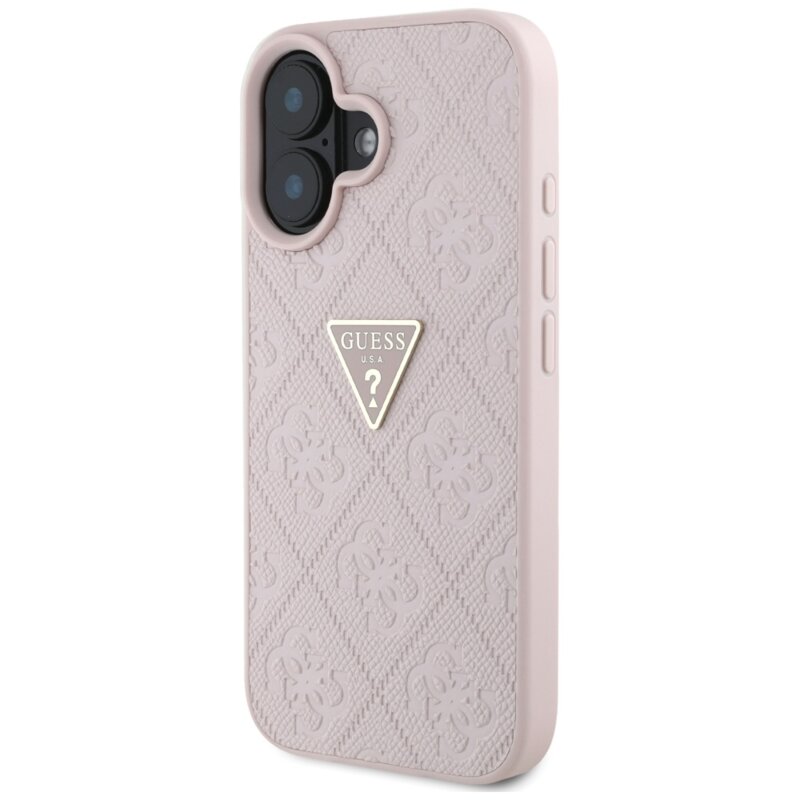 Husa iPhone 16 Guess Leather Hot Stamp 4G Pattern Triangle Metal Logo, roz, GUHCP16SPGP4STRP