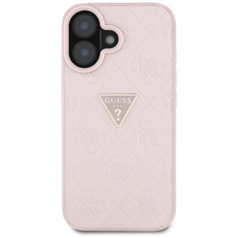Husa iPhone 16 Guess Leather Hot Stamp 4G Pattern Triangle Metal Logo, roz, GUHCP16SPGP4STRP
