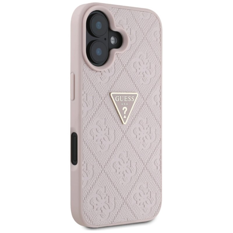 Husa iPhone 16 Guess Leather Hot Stamp 4G Pattern Triangle Metal Logo, roz, GUHCP16SPGP4STRP