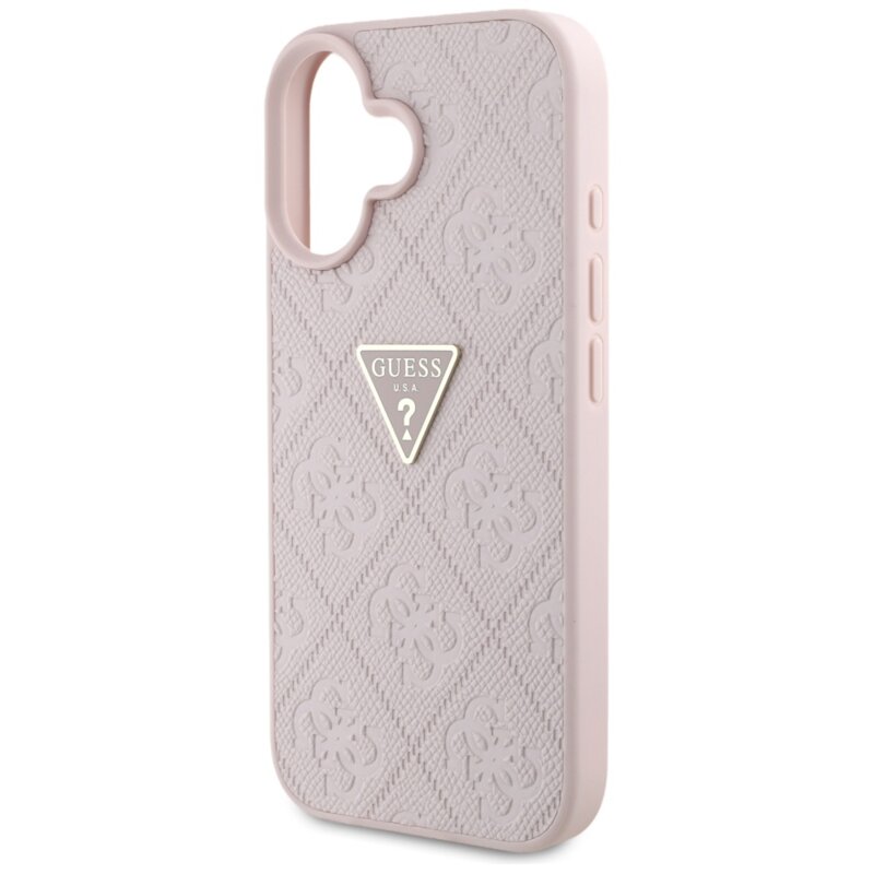 Husa iPhone 16 Guess Leather Hot Stamp 4G Pattern Triangle Metal Logo, roz, GUHCP16SPGP4STRP