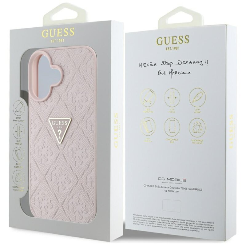 Husa iPhone 16 Guess Leather Hot Stamp 4G Pattern Triangle Metal Logo, roz, GUHCP16SPGP4STRP