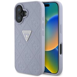 Husa iPhone 16 Guess Leather Hot Stamp 4G Pattern Triangle Metal Logo, mov, GUHCP16SPGP4STRU