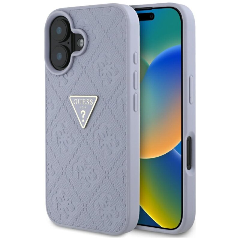 Husa iPhone 16 Guess Leather Hot Stamp 4G Pattern Triangle Metal Logo, mov, GUHCP16SPGP4STRU