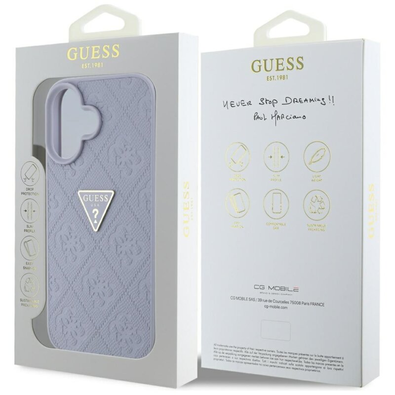 Husa iPhone 16 Guess Leather Hot Stamp 4G Pattern Triangle Metal Logo, mov, GUHCP16SPGP4STRU