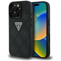 Husa iPhone 16 Pro Guess Leather Hot Stamp 4G Pattern Triangle Metal Logo, negru, GUHCP16LPGP4STRK