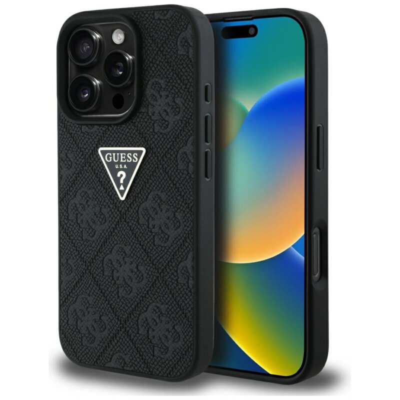 Husa iPhone 16 Pro Guess Leather Hot Stamp 4G Pattern Triangle Metal Logo, negru, GUHCP16LPGP4STRK