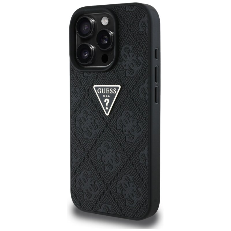 Husa iPhone 16 Pro Guess Leather Hot Stamp 4G Pattern Triangle Metal Logo, negru, GUHCP16LPGP4STRK