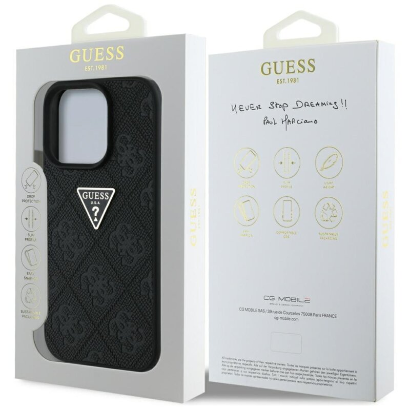Husa iPhone 16 Pro Guess Leather Hot Stamp 4G Pattern Triangle Metal Logo, negru, GUHCP16LPGP4STRK