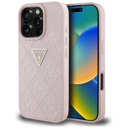 Husa iPhone 16 Pro Guess Leather Hot Stamp 4G Pattern Triangle Metal Logo, roz, GUHCP16LPGP4STRP