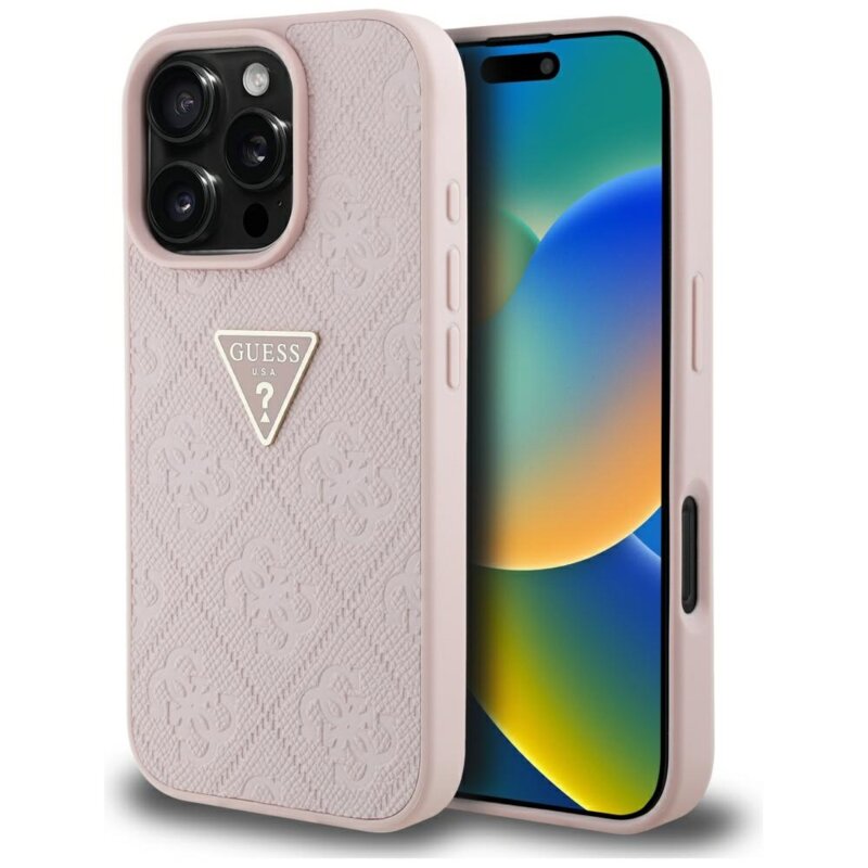 Husa iPhone 16 Pro Guess Leather Hot Stamp 4G Pattern Triangle Metal Logo, roz, GUHCP16LPGP4STRP