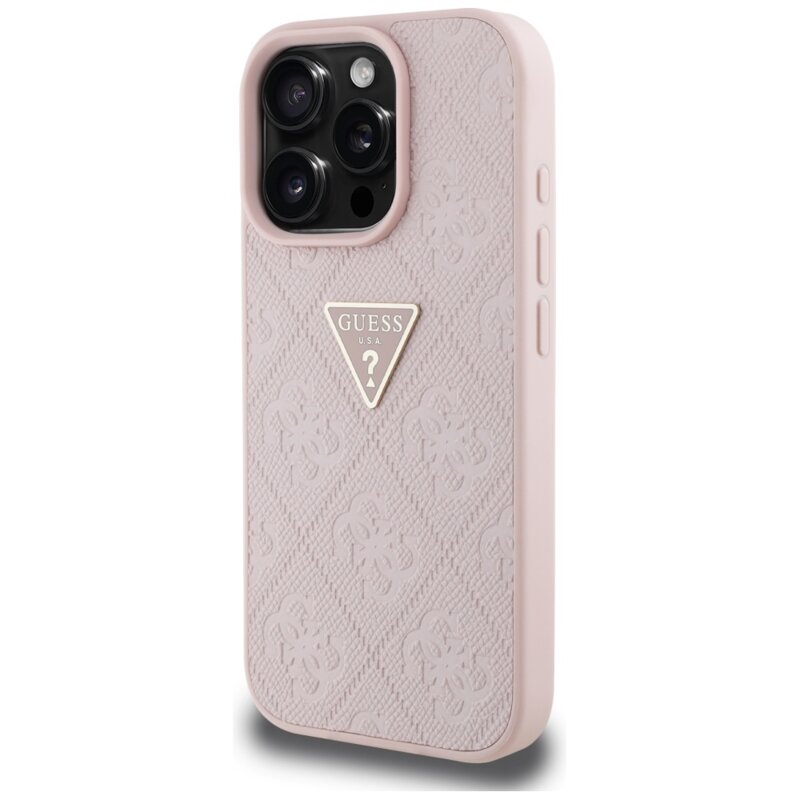 Husa iPhone 16 Pro Guess Leather Hot Stamp 4G Pattern Triangle Metal Logo, roz, GUHCP16LPGP4STRP