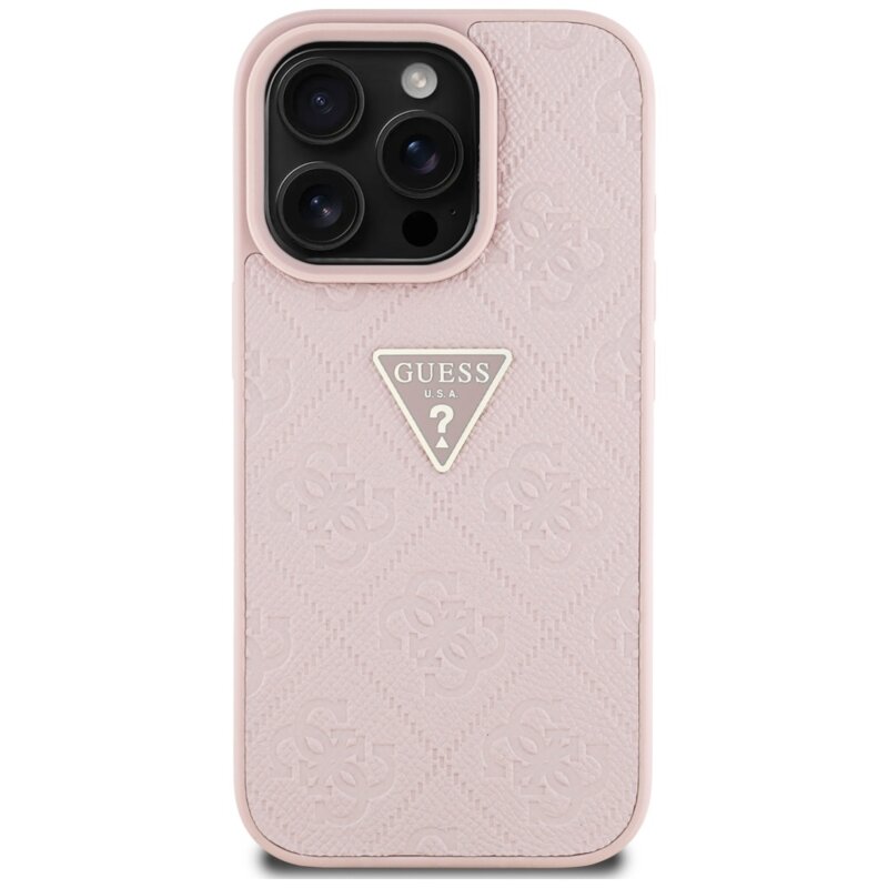 Husa iPhone 16 Pro Guess Leather Hot Stamp 4G Pattern Triangle Metal Logo, roz, GUHCP16LPGP4STRP