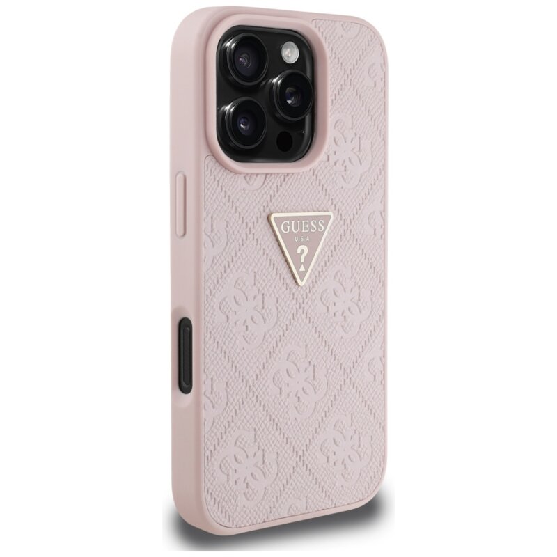Husa iPhone 16 Pro Guess Leather Hot Stamp 4G Pattern Triangle Metal Logo, roz, GUHCP16LPGP4STRP