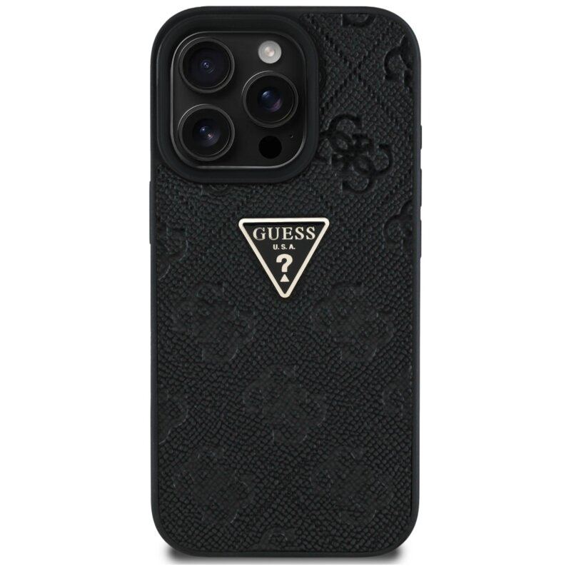 Husa iPhone 16 Pro Max Guess Leather Hot Stamp 4G Pattern Triangle Metal Logo, negru, GUHCP16XPGP4STRK